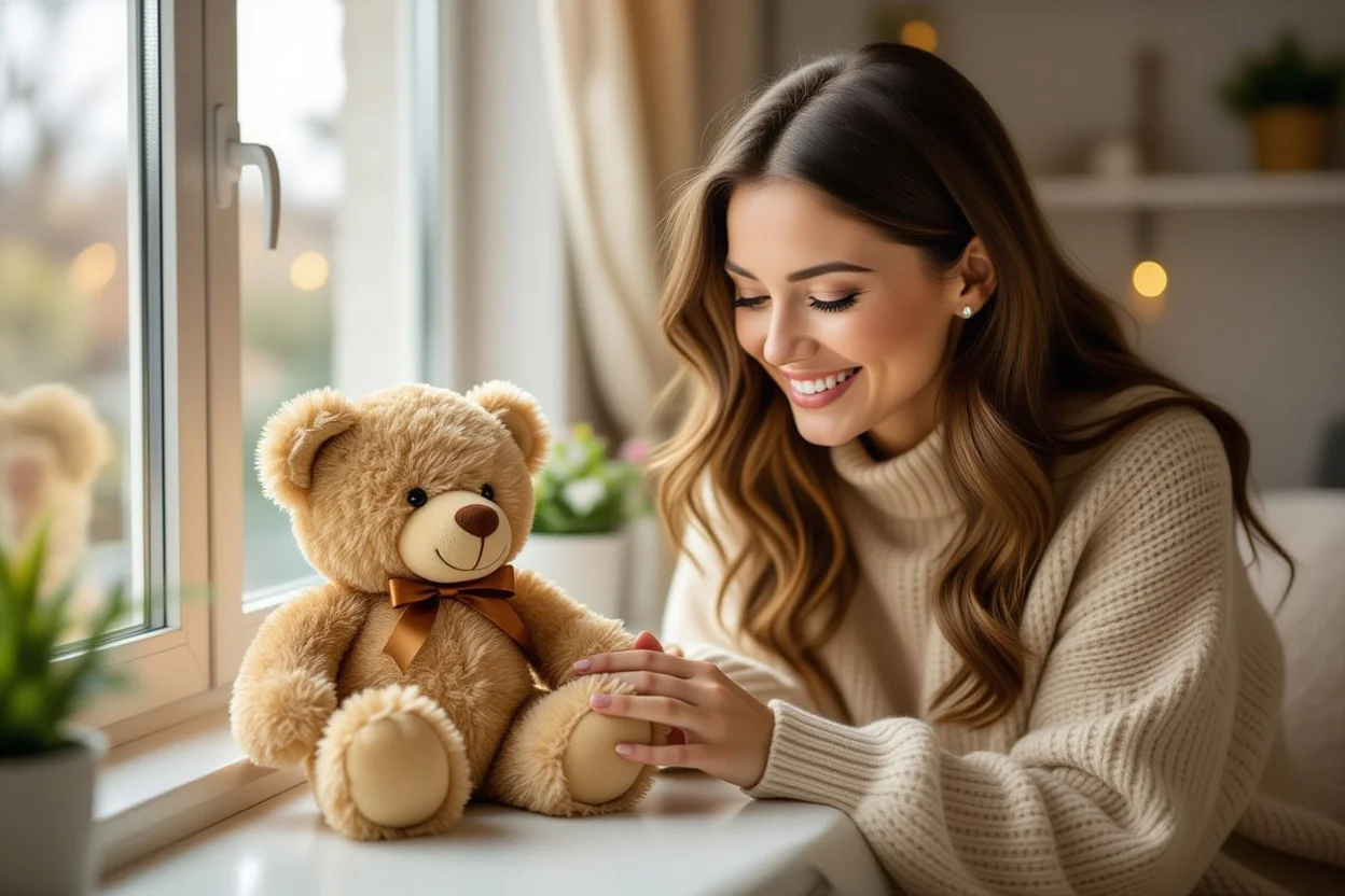 Woman smiling with joy discovering hidden surprise in romantic teddy bear gift