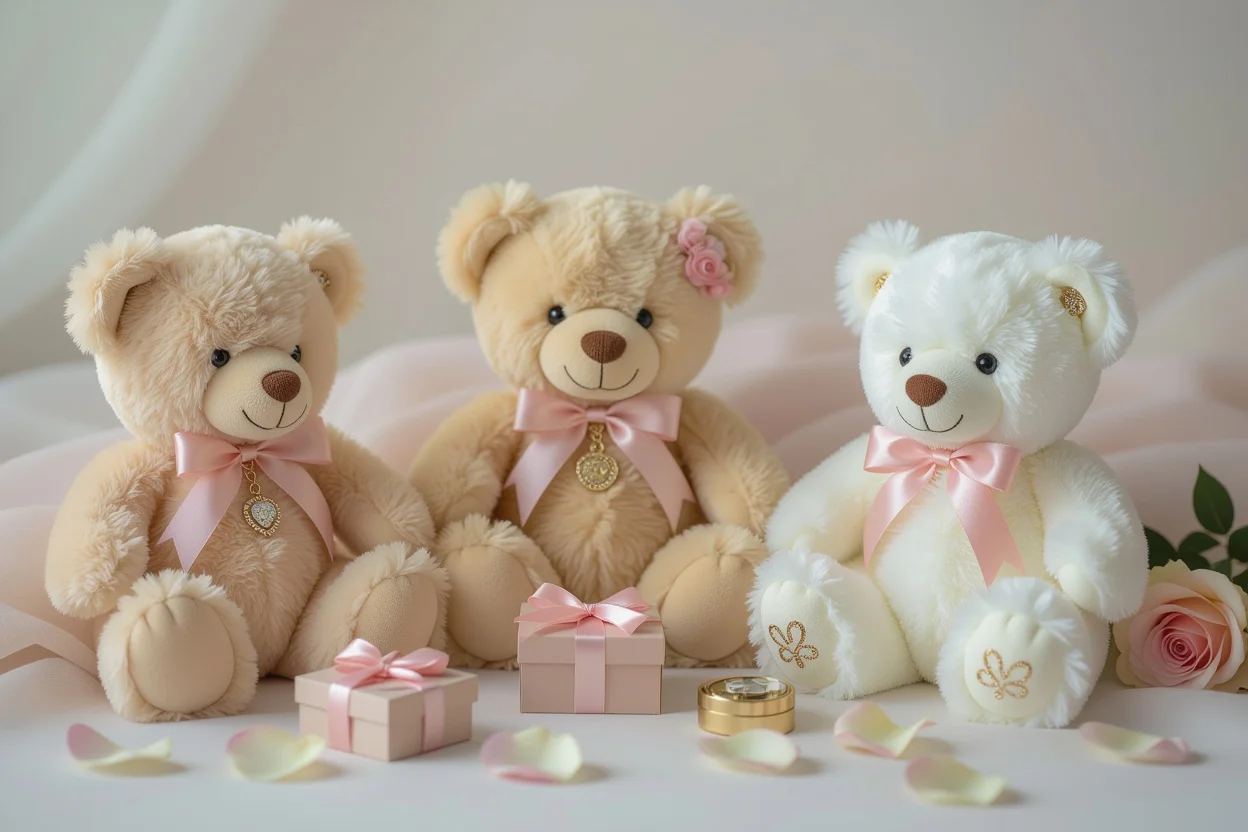 Collection of romantic teddy bears with hidden surprise features and gift elements