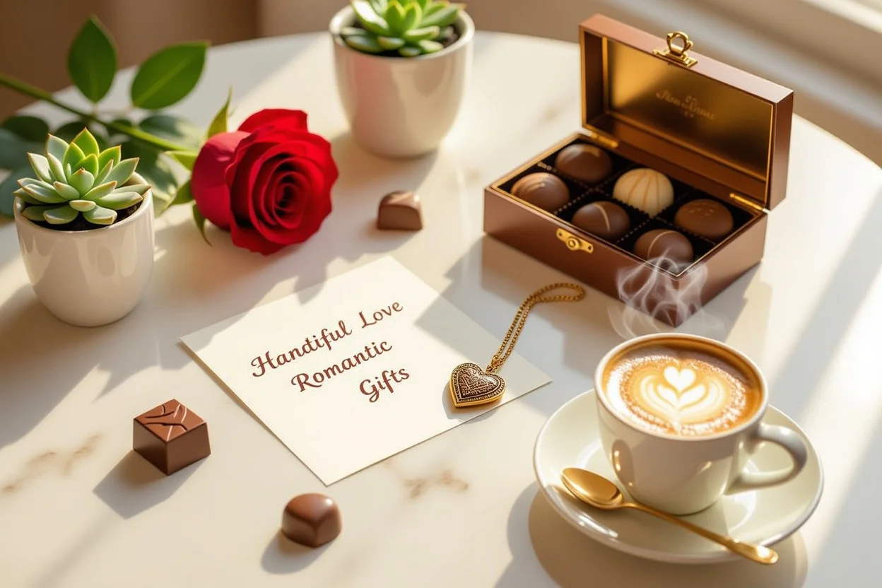Collection of daily romantic surprise gifts including love notes, flowers, chocolates and coffee for couples
