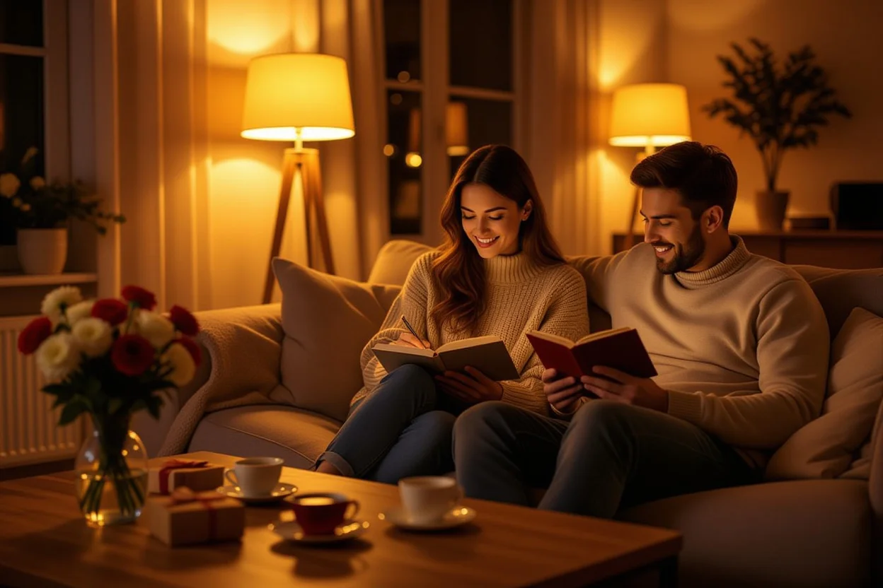 Romantic couple enjoying quiet evening together with small gifts and cozy home atmosphere