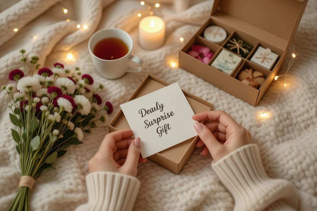 Hands preparing daily romantic surprise with love letter, preserved flowers and thoughtful gifts