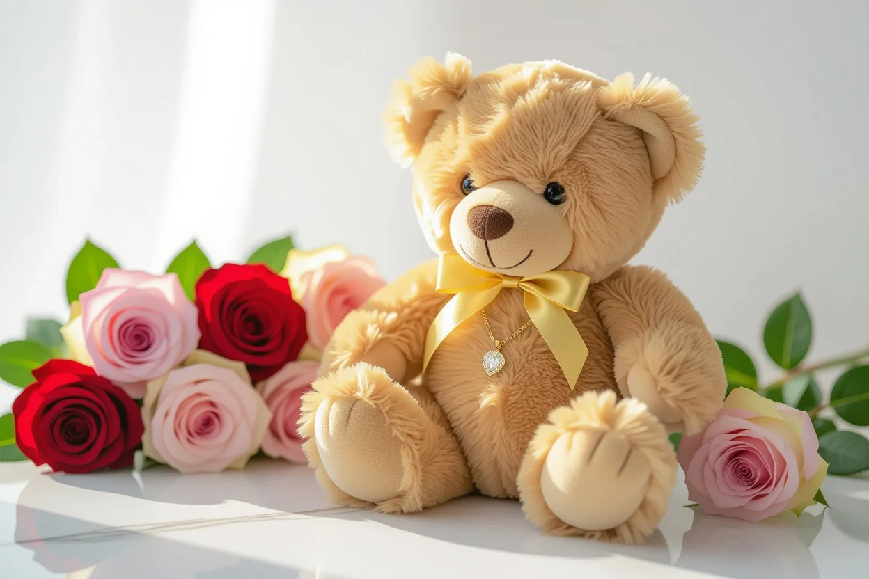 Mountova teddy bear gift with hidden necklace and preserved roses romantic surprise