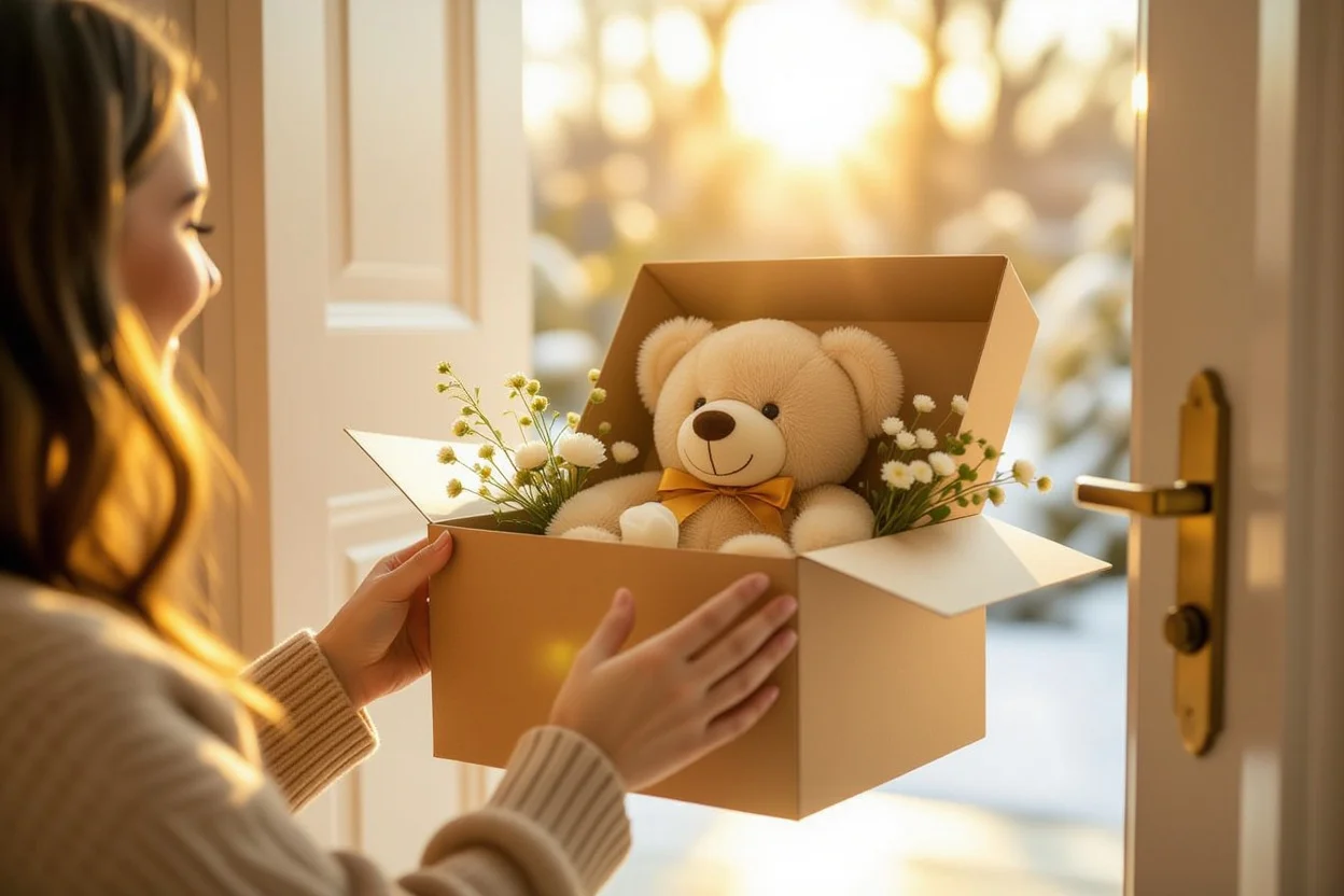 Woman receiving surprise teddy bear delivery with preserved flowers at doorstep