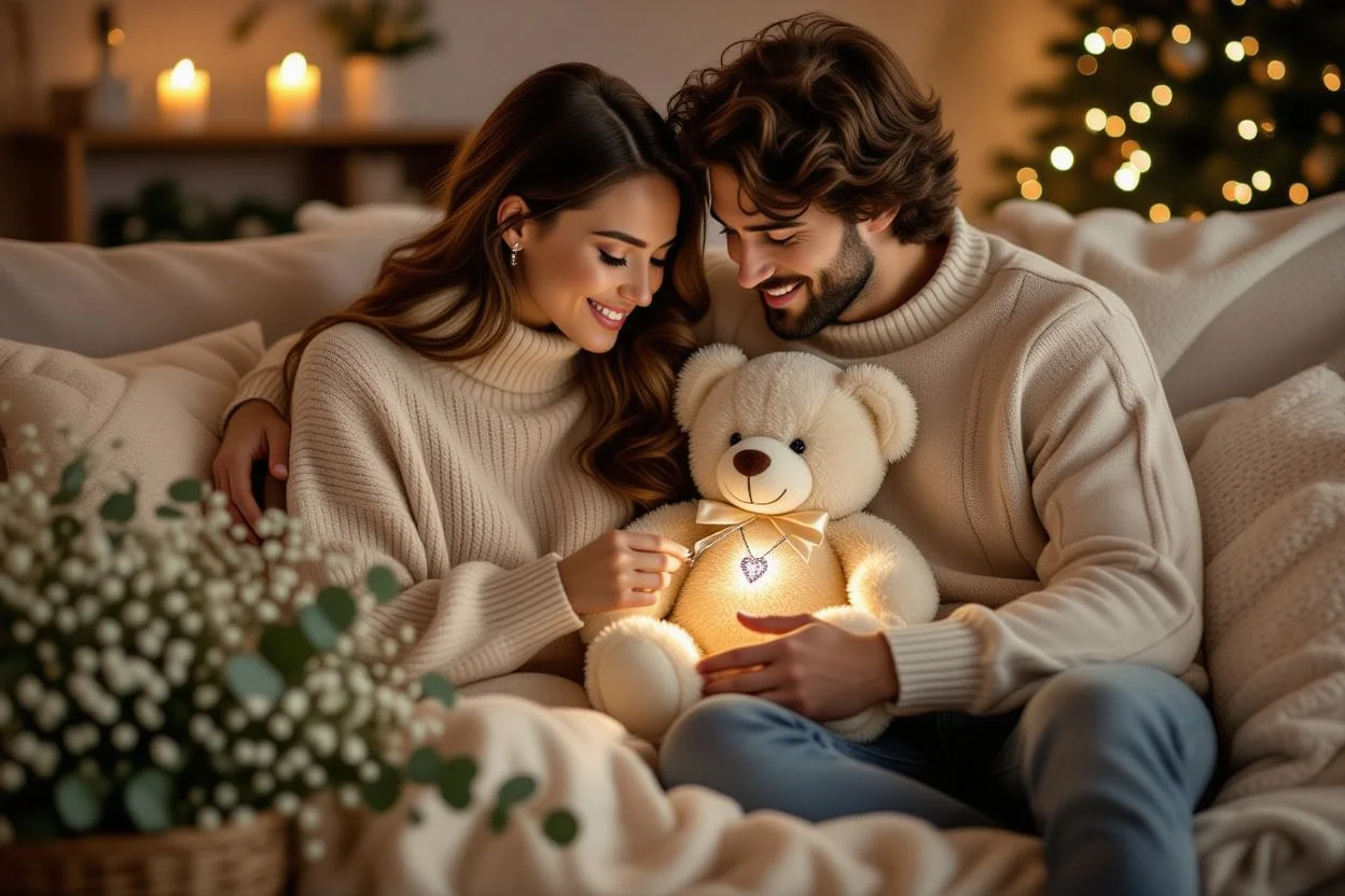 Couple discovering hidden necklace in romantic teddy bear gift with preserved flowers