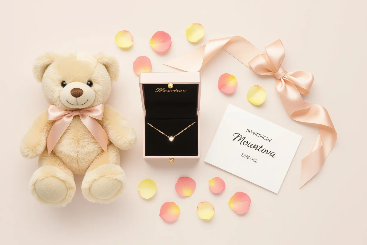 Complete Mountova teddy bear gift set with hidden necklace and preserved flowers flat lay