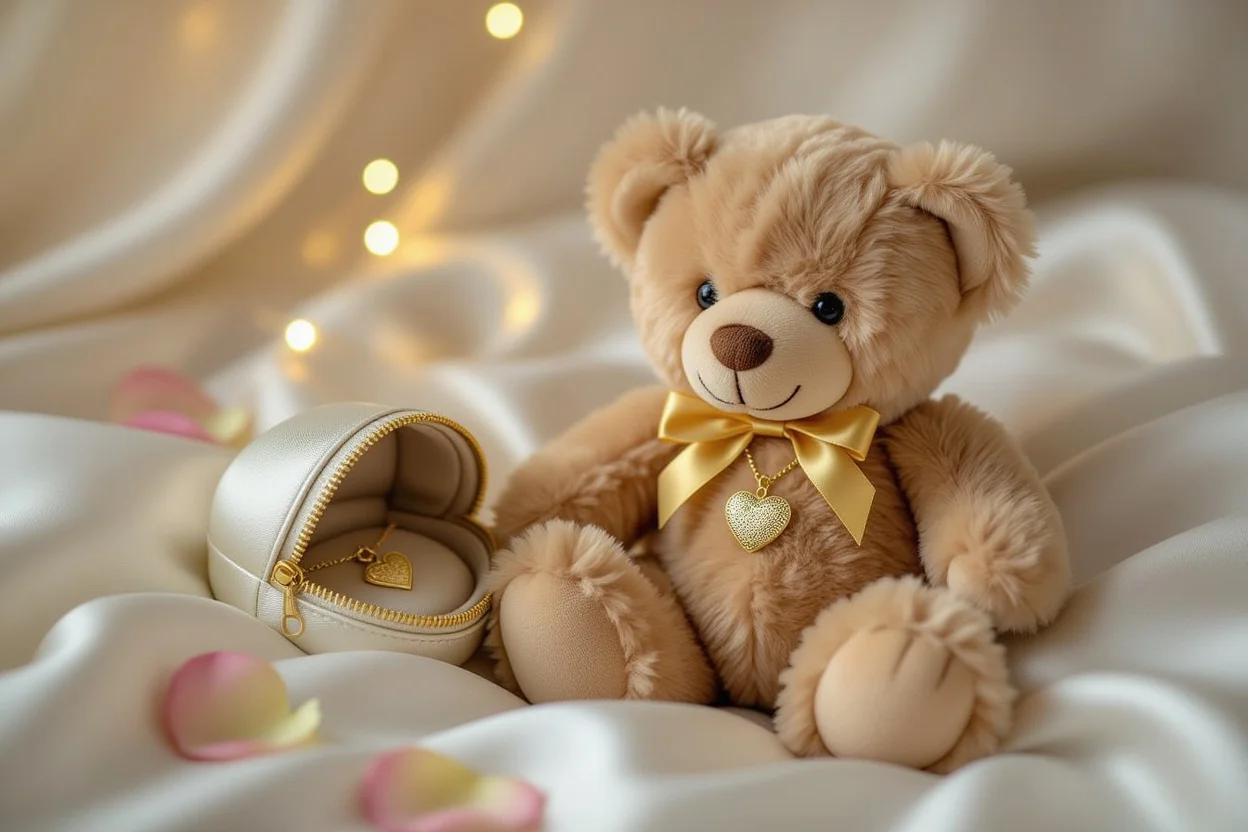 Mountova teddy bear gift with hidden gold heart necklace surprise romantic present