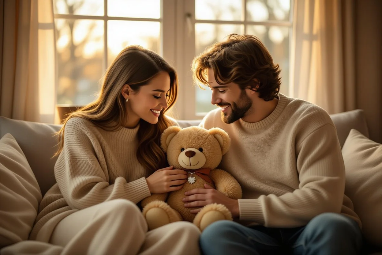 Couple sharing intimate moment discovering hidden necklace in teddy bear romantic surprise gift