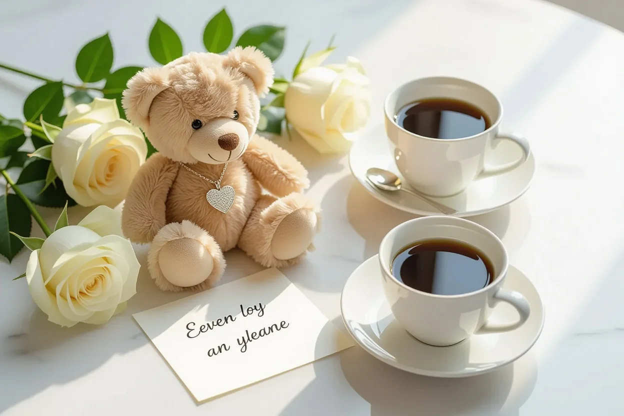 Romantic gift flat lay with teddy bear hidden necklace roses and love note everyday romance