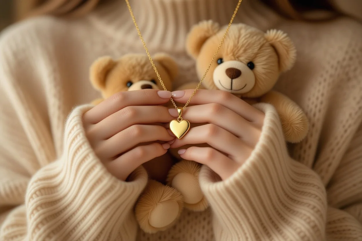 Close up woman wearing gold heart necklace from teddy bear hidden gift romantic jewelry detail