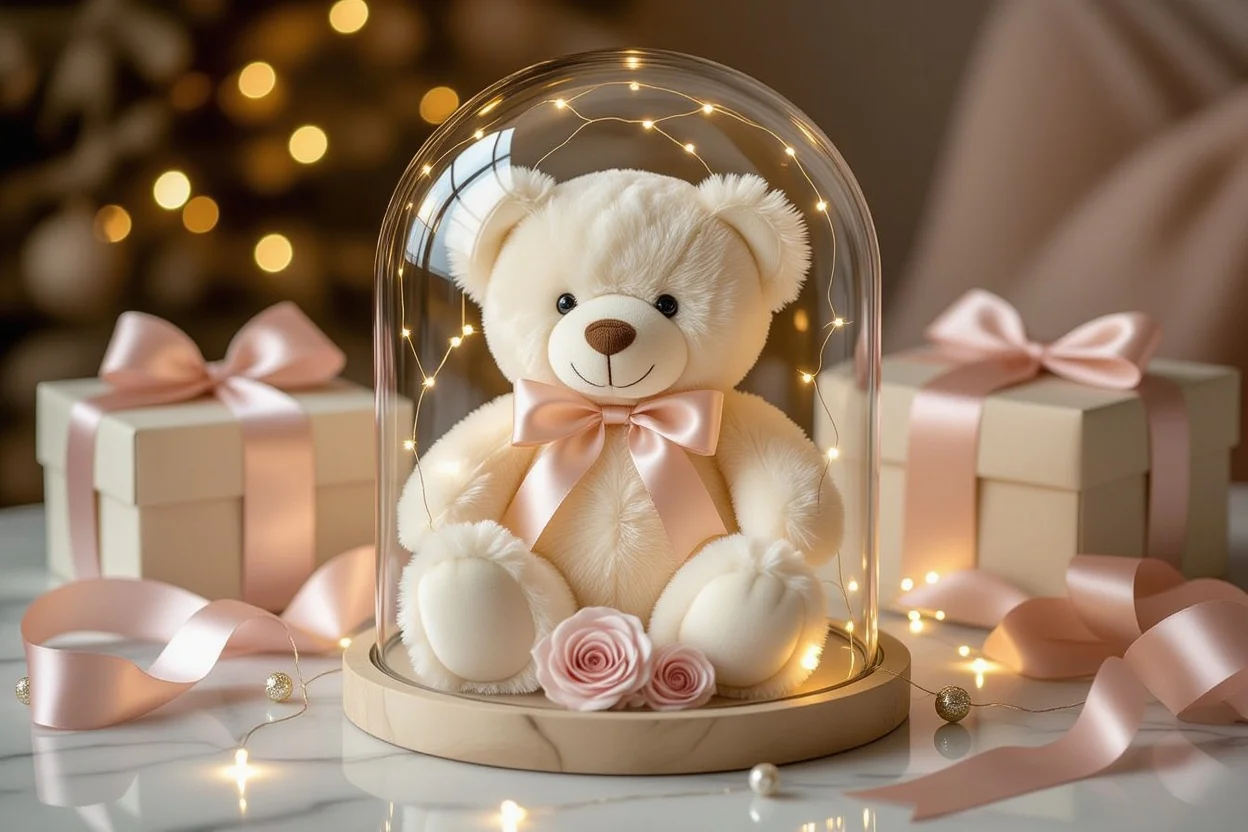 Romantic teddy bear gift with preserved roses and fairy lights for Valentine's Day