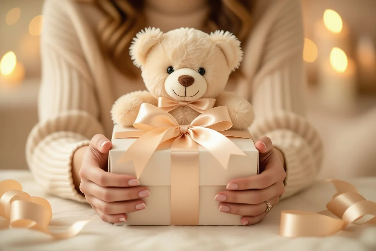 Woman opening romantic surprise gift with delighted expression