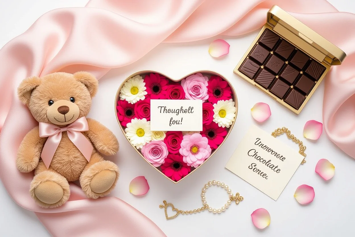 Romantic gift collection flat lay with teddy bear, flowers, and jewelry for women