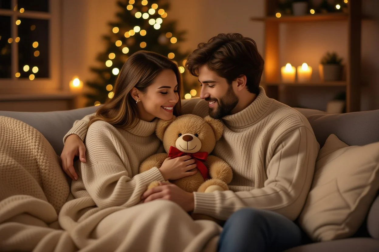 Couple sharing intimate gift-giving moment with teddy bear and romantic atmosphere