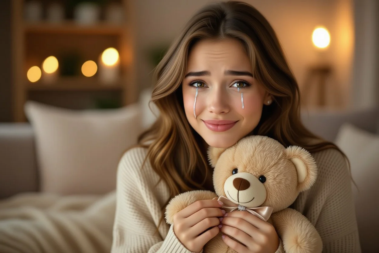 Woman crying happy tears receiving teddy bear surprise necklace romantic gift