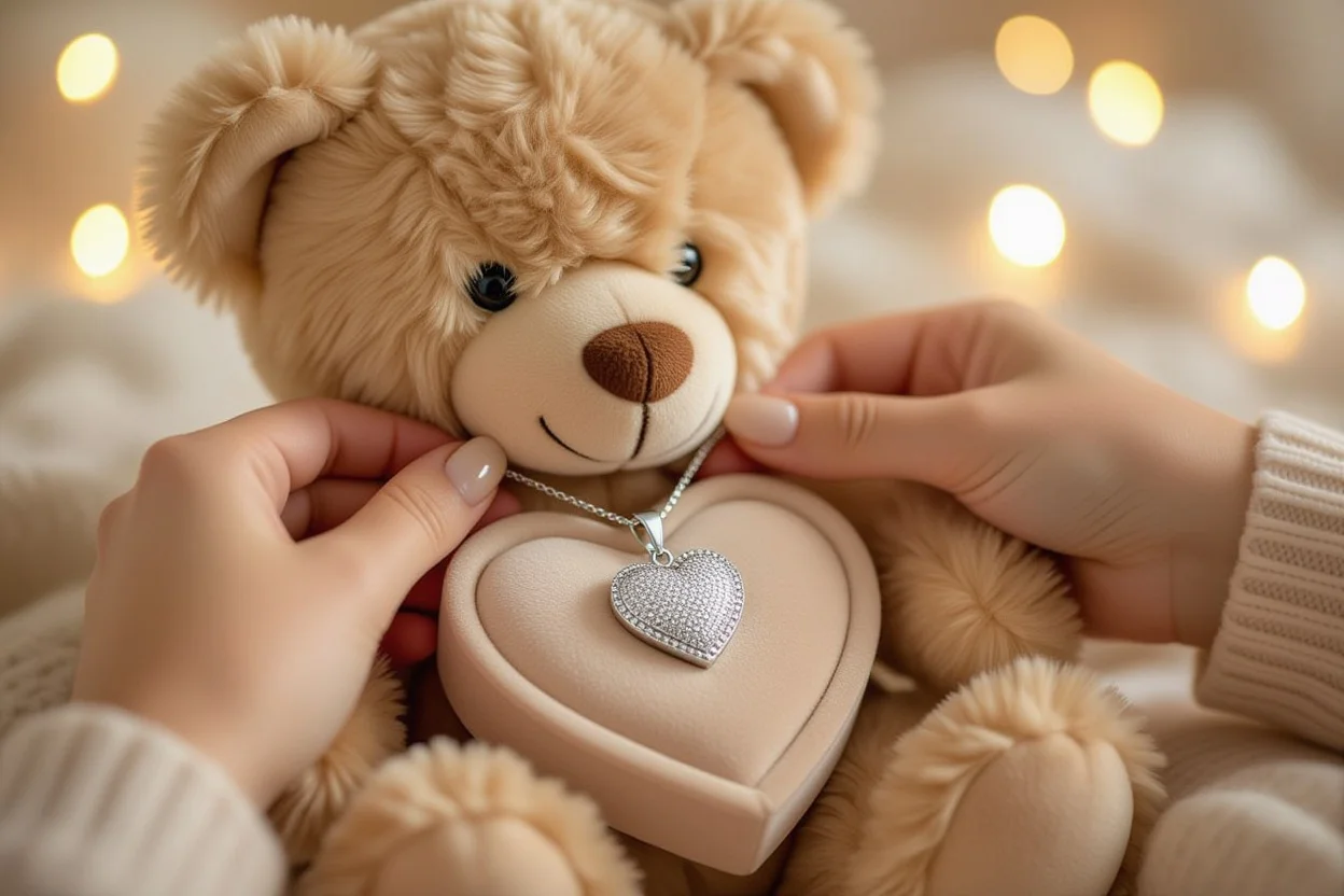 Close-up of hands revealing hidden necklace inside teddy bear romantic surprise gift