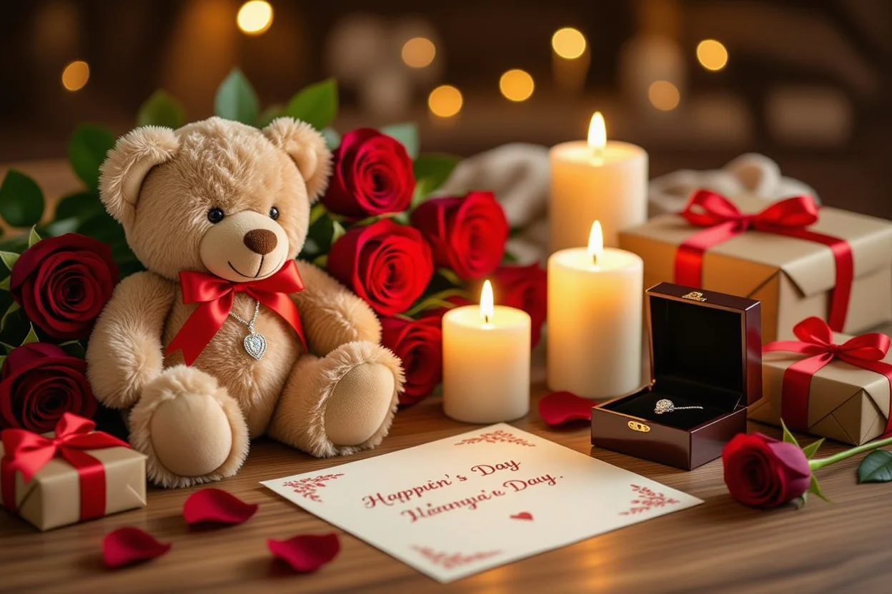Romantic gift arrangement with teddy bear hidden necklace Valentine's Day birthday gifts