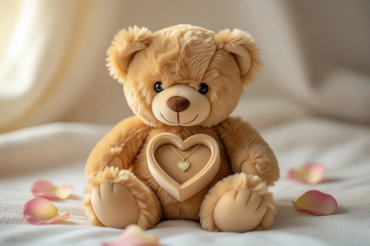 Surprise teddy bear gift with hidden necklace compartment containing gold heart pendant necklace