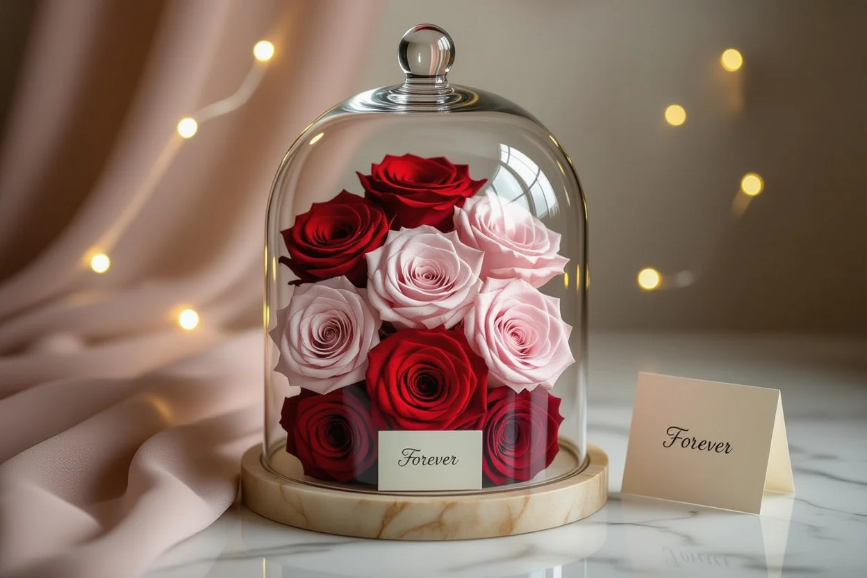 Preserved roses in glass dome arrangement that last forever as romantic gift