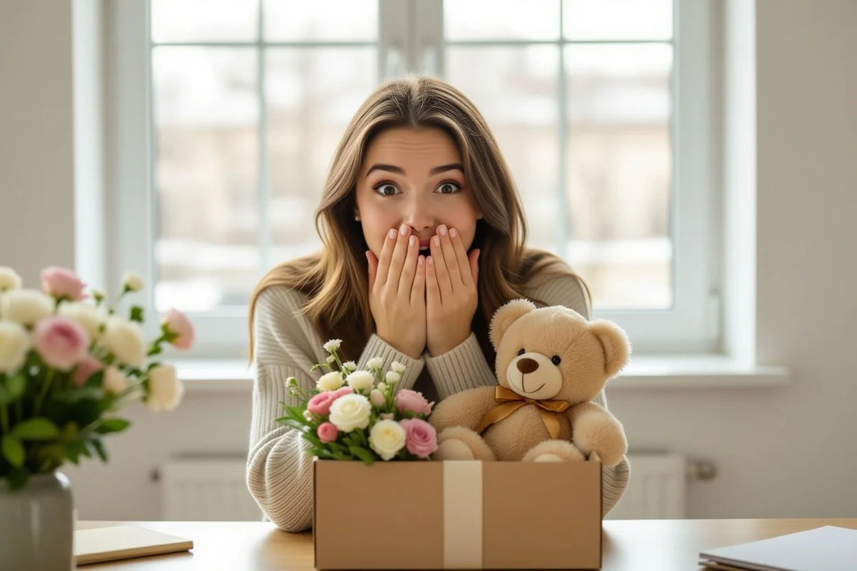 Woman surprised by unexpected romantic teddy bear and preserved flower gift