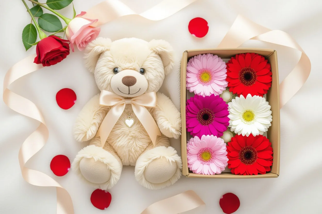 Complete surprise gift set with teddy bear, preserved flowers, and hidden necklace for romantic occasions