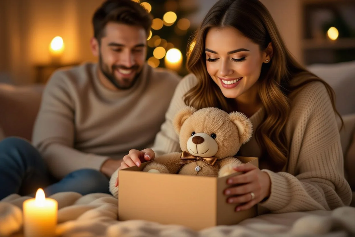 Woman discovering surprise necklace hidden inside romantic teddy bear gift from boyfriend