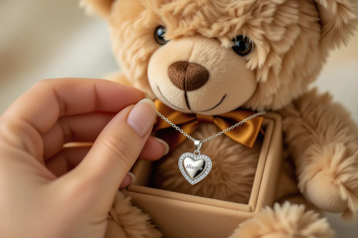 Close-up of surprise heart necklace being revealed from hidden teddy bear compartment