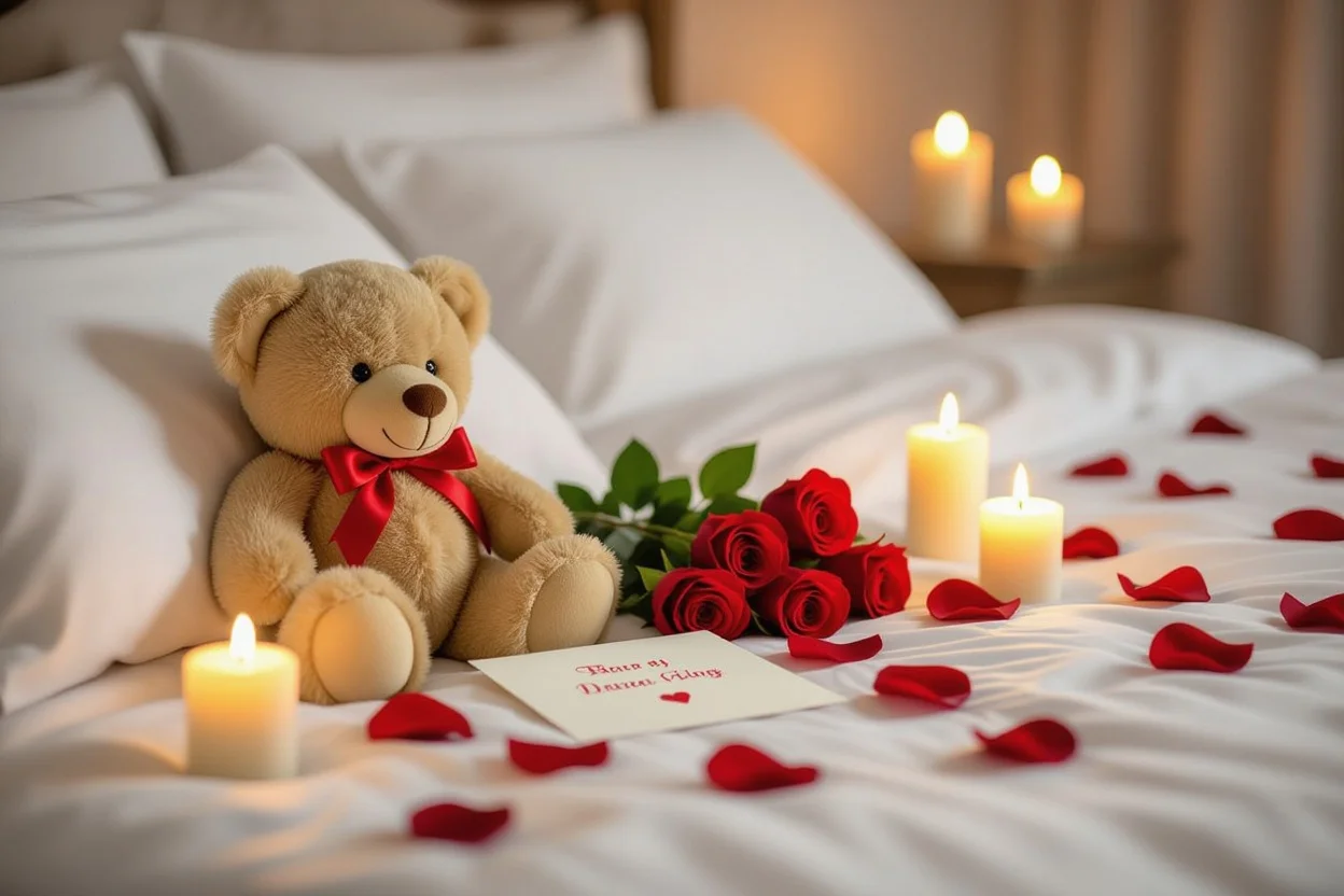 Romantic bedroom setup with surprise teddy bear necklace gift for Valentine's Day anniversary