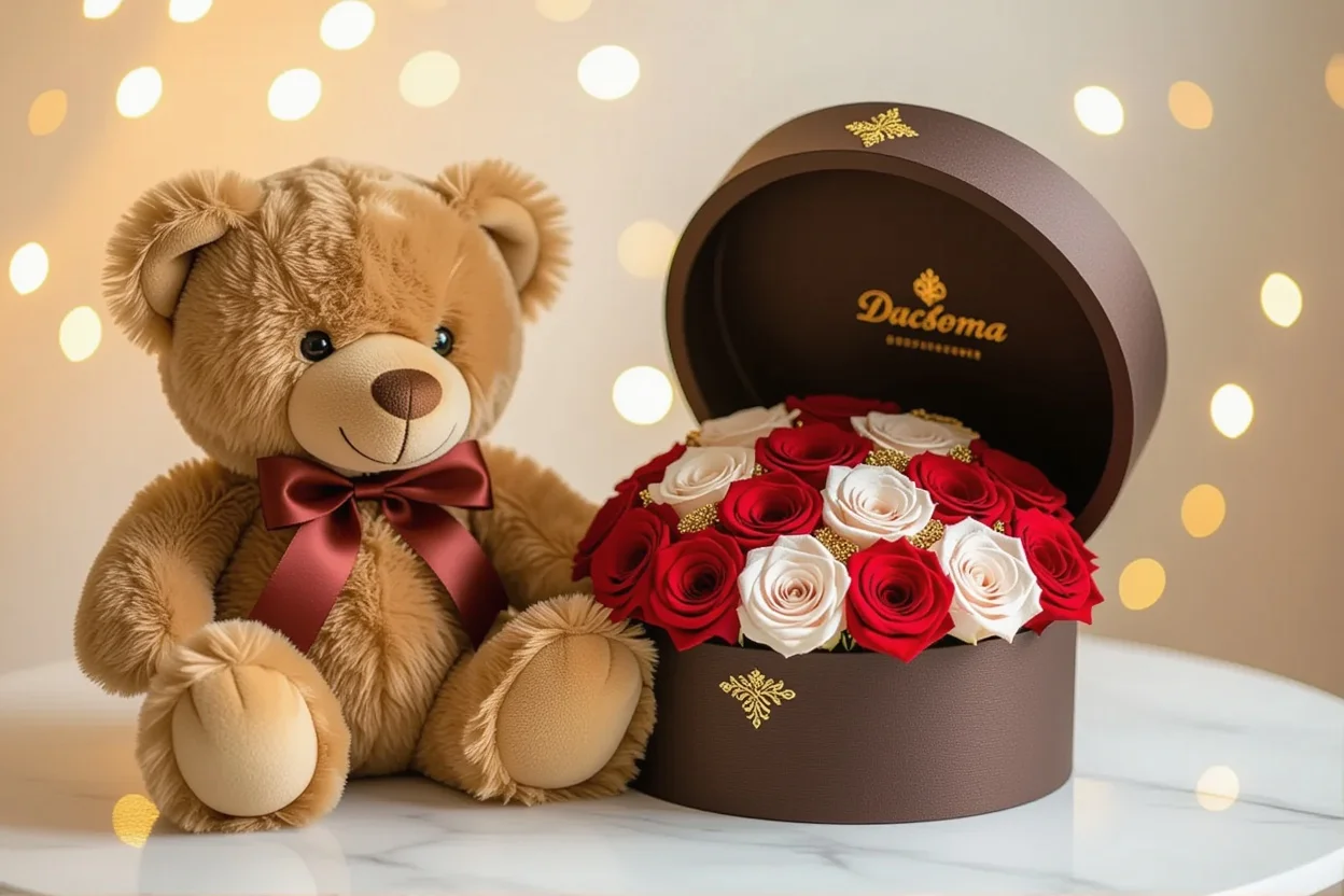 Surprise teddy bear gift with hidden preserved roses revealed inside chest compartment