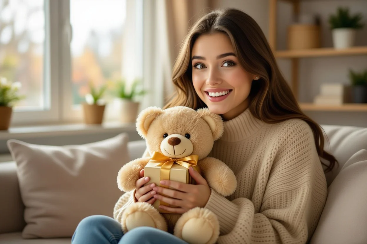 Woman showing surprised and delighted reaction while receiving unexpected teddy bear gift