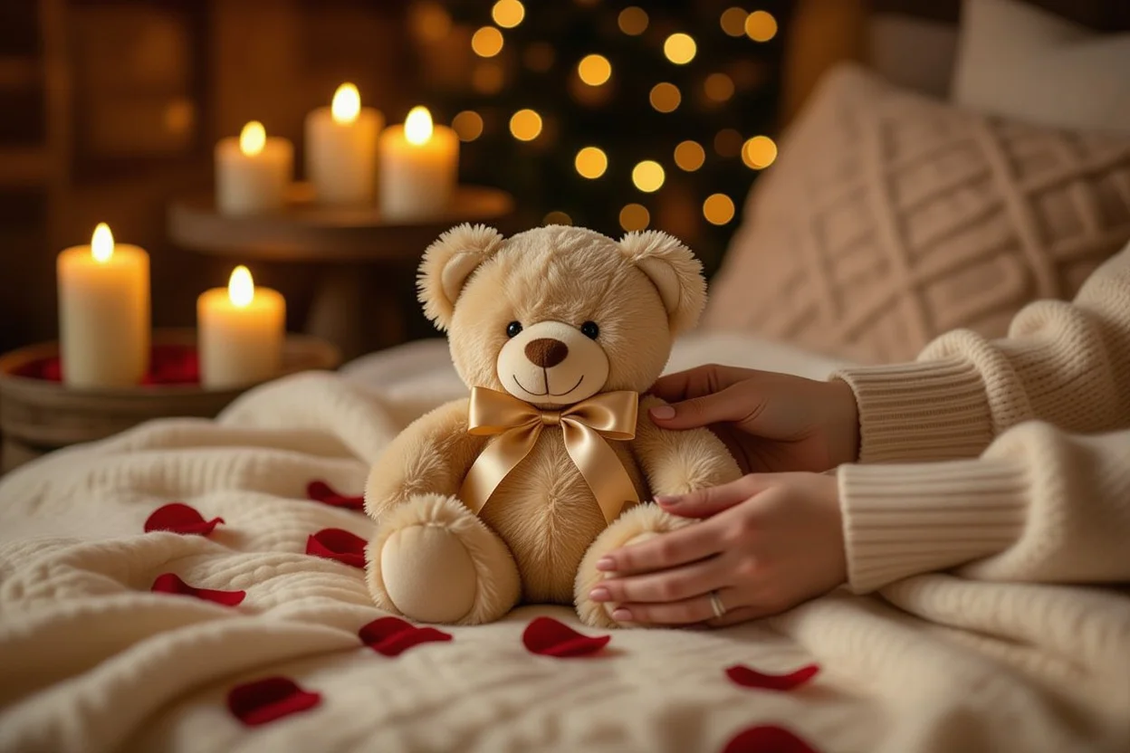 Romantic gift giving moment with teddy bear present in intimate candlelit setting