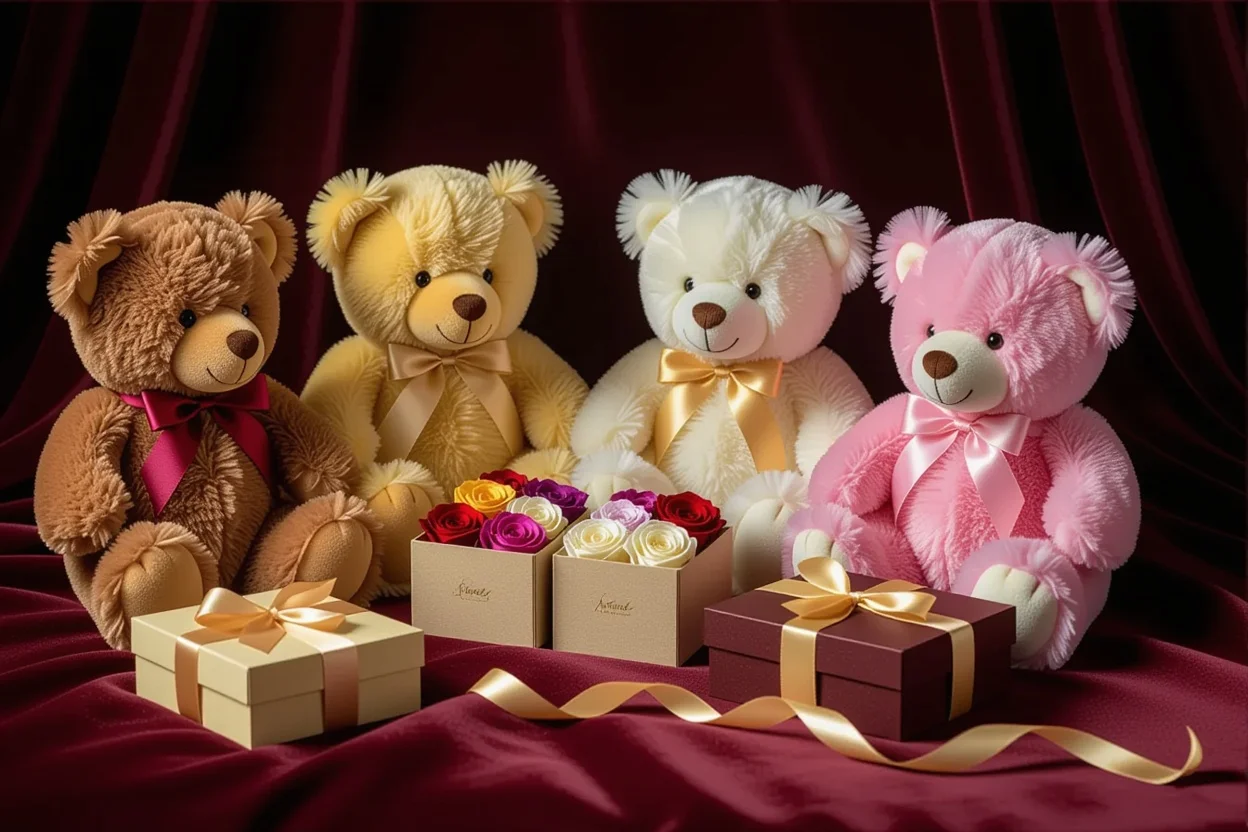 Collection of premium surprise teddy bears with hidden preserved flower compartments for romantic gifts