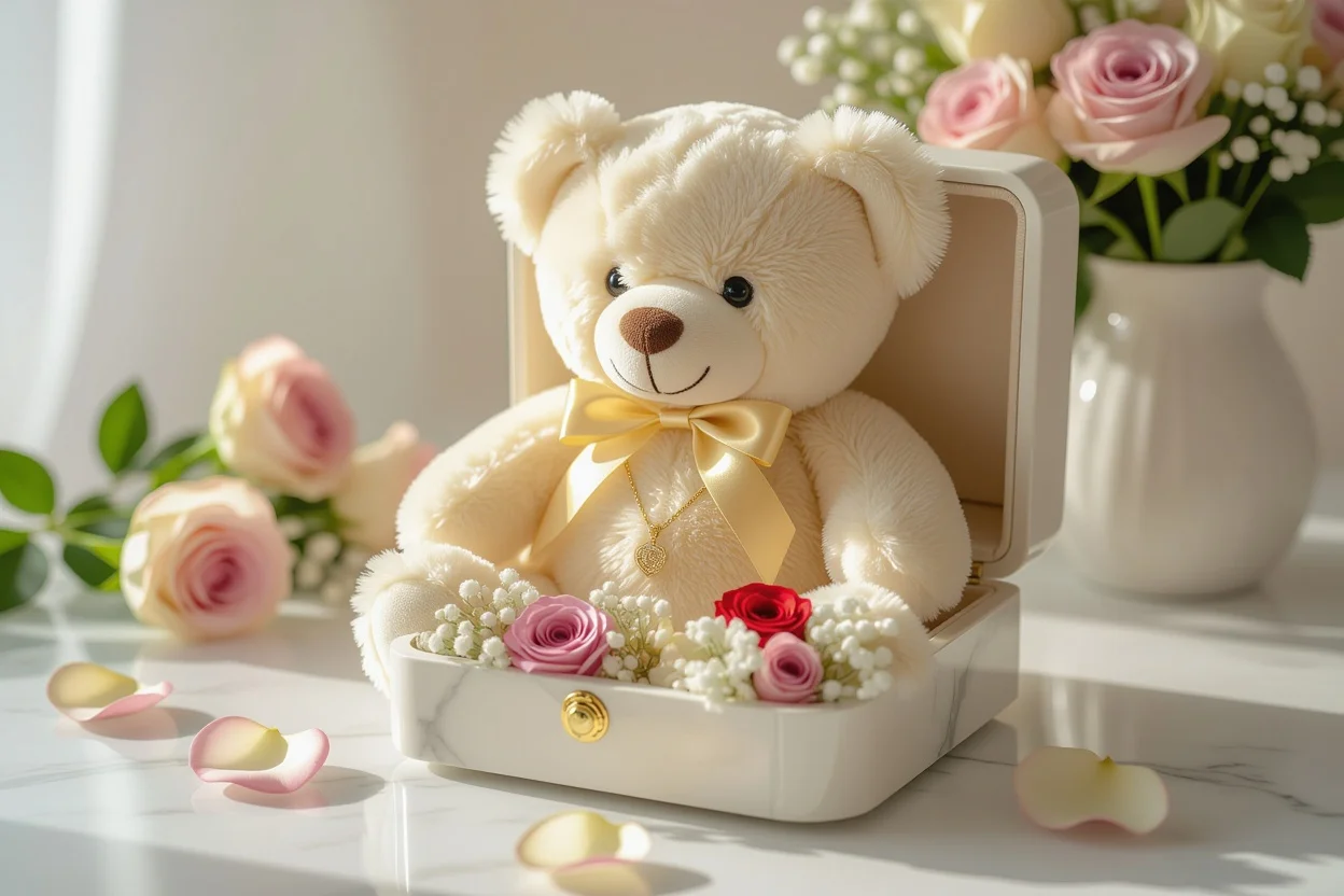 Mountova teddy bear with hidden necklace compartment and preserved flowers revealed