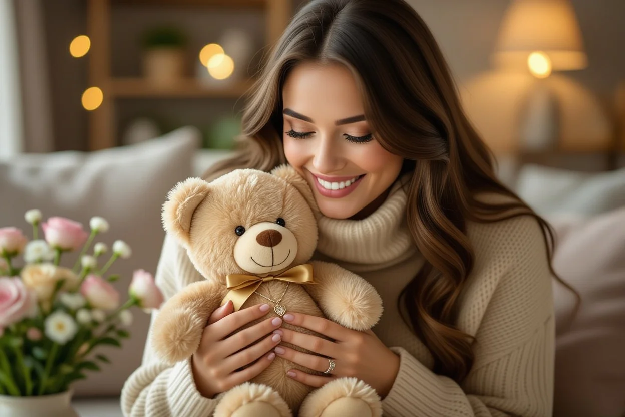 Woman discovering hidden necklace surprise inside Mountova teddy bear gift
