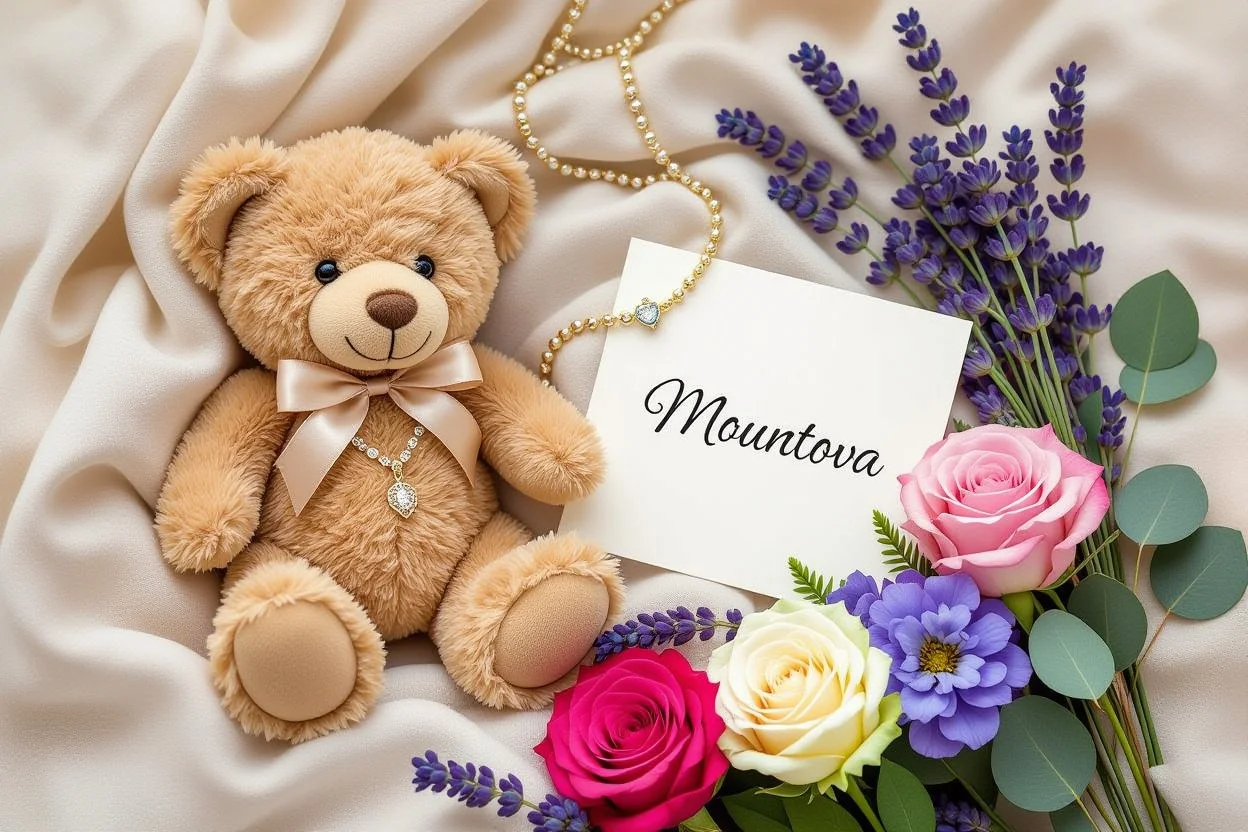 Elegant flat lay of Mountova teddy bear with preserved flowers and hidden necklace