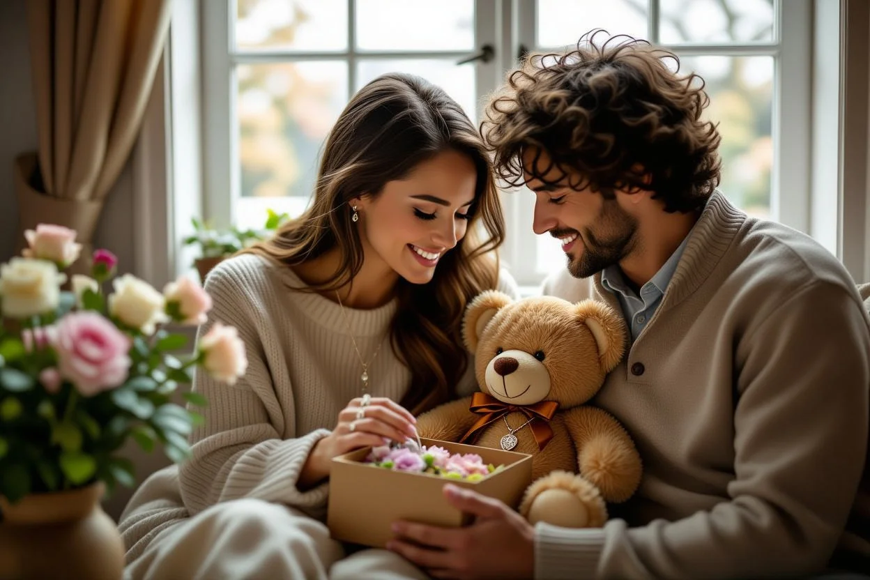 Couple enjoying romantic moment with Mountova teddy bear surprise gift and preserved flowers