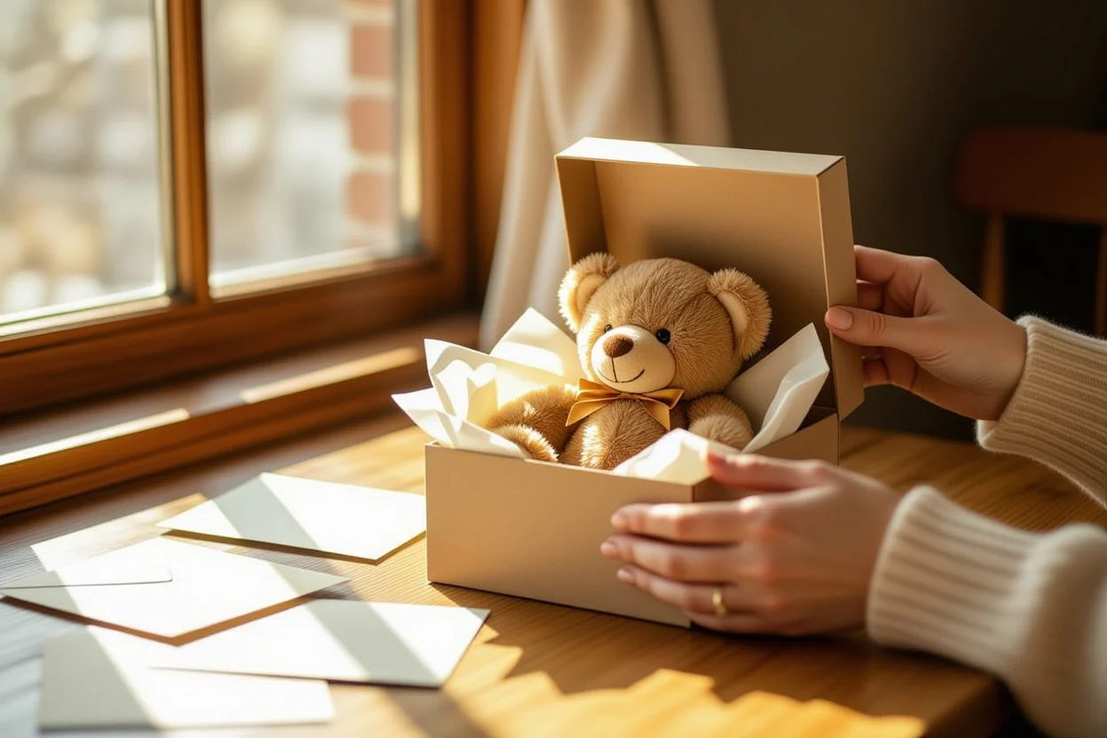 Hands opening gift box containing Mountova Pro teddy bear on wooden table with natural lighting