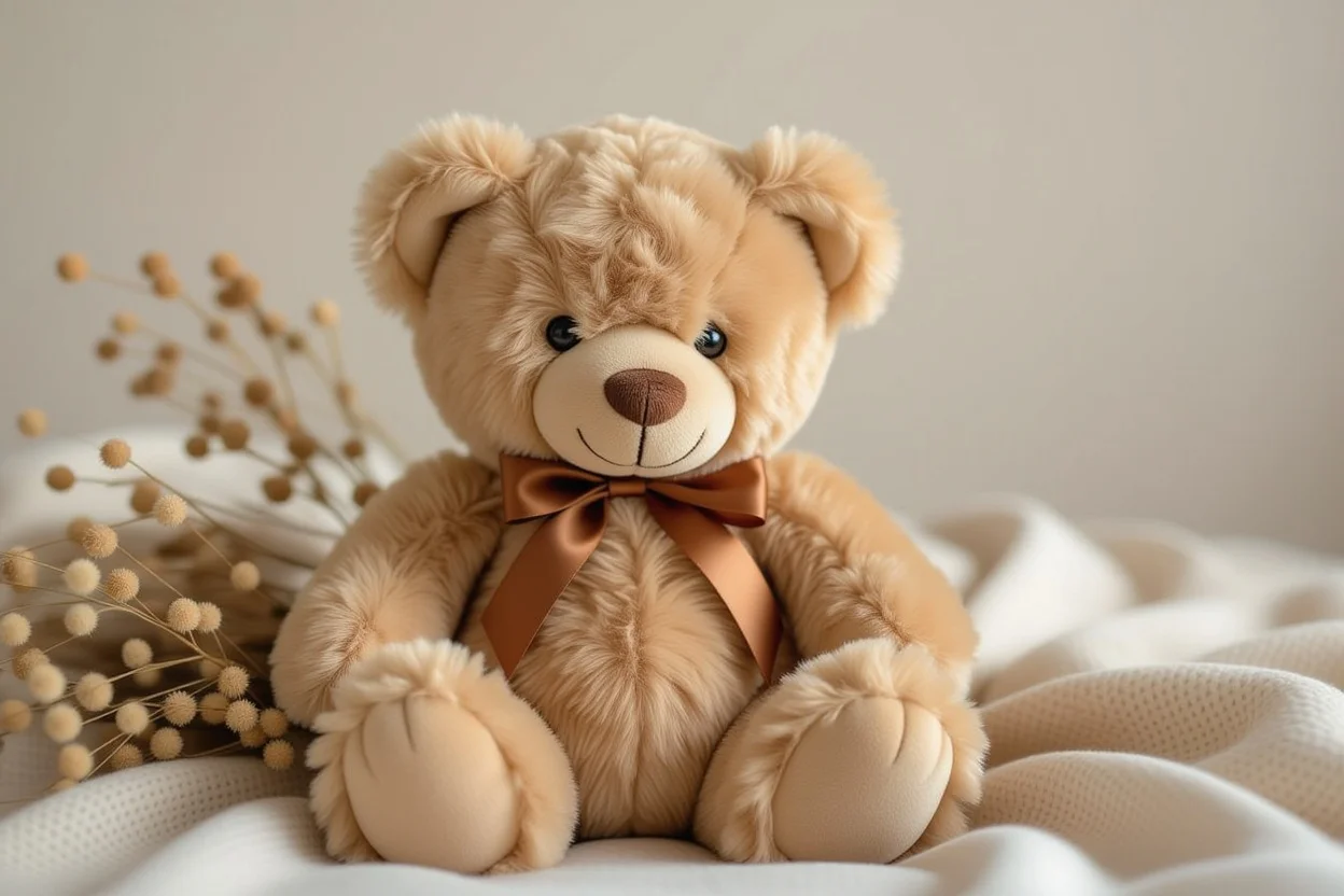 Premium Mountova Pro teddy bear with soft brown fur in romantic gift setting