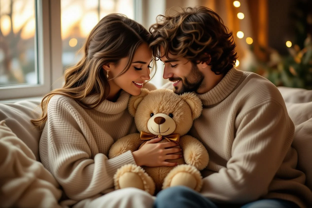 Romantic couple sharing intimate moment with meaningful teddy bear gift in soft lighting