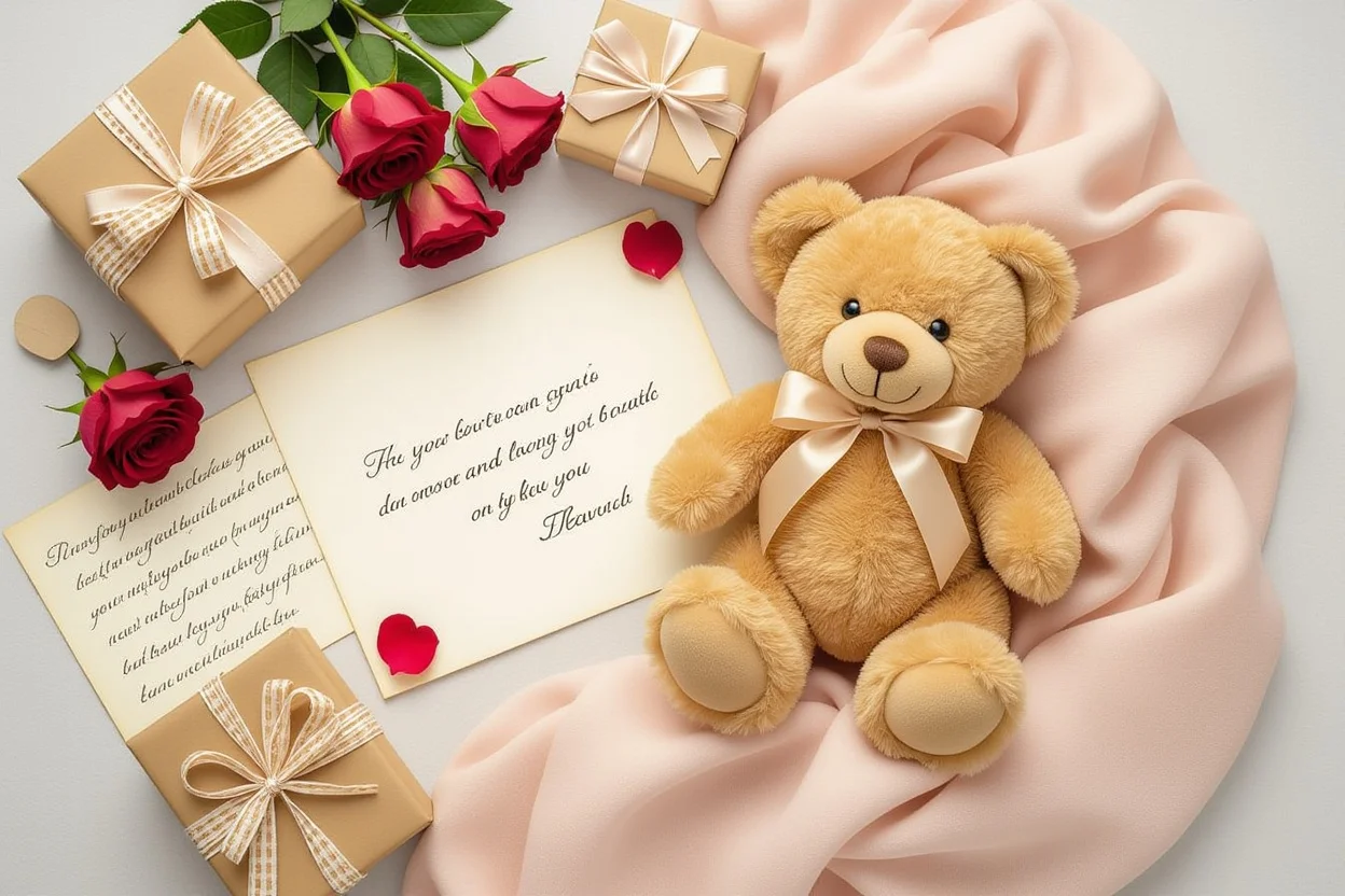 Romantic flat lay with teddy bear, love letters, and vintage gift wrapping elements