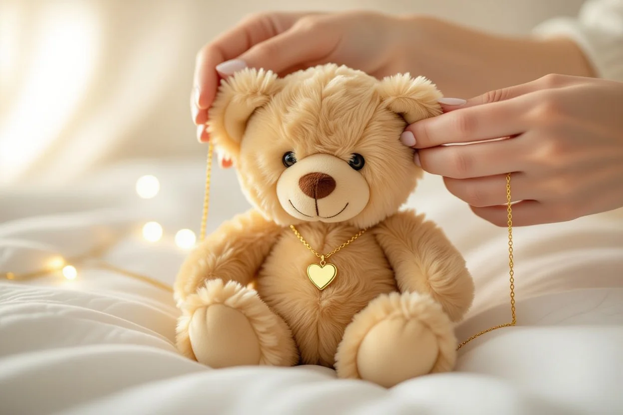 Cute teddy bear with hidden gold heart necklace being revealed - romantic surprise gift for her