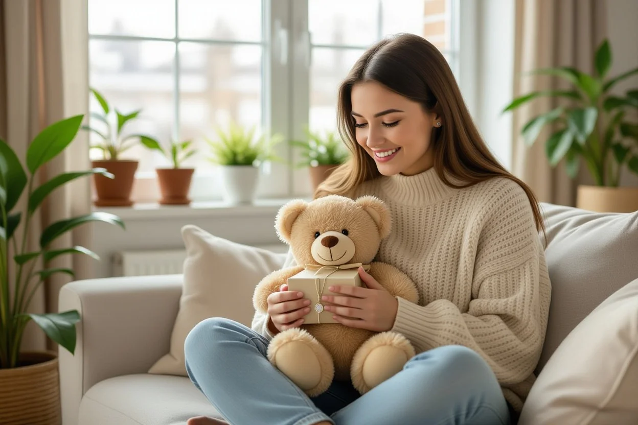 Woman discovering surprise necklace hidden in teddy bear gift during ordinary day at home