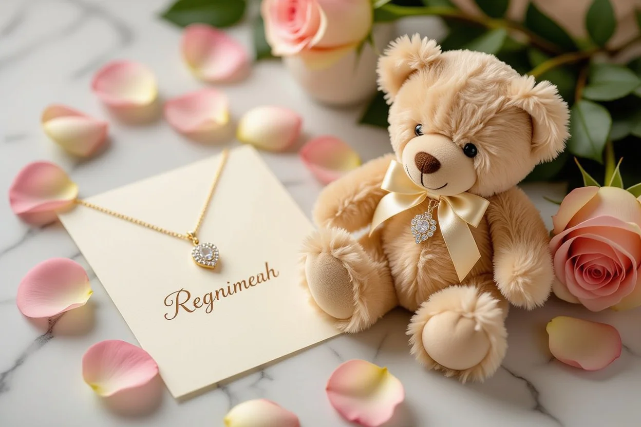 Romantic flat lay of teddy bear gift with hidden necklace, rose petals and love note arrangement