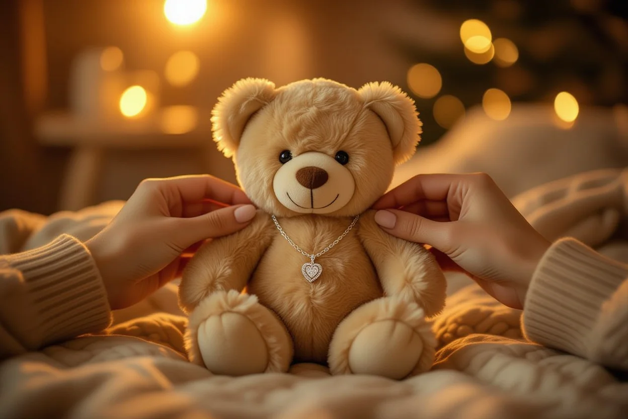 Hands carefully placing necklace on teddy bear - creating the perfect romantic surprise gift