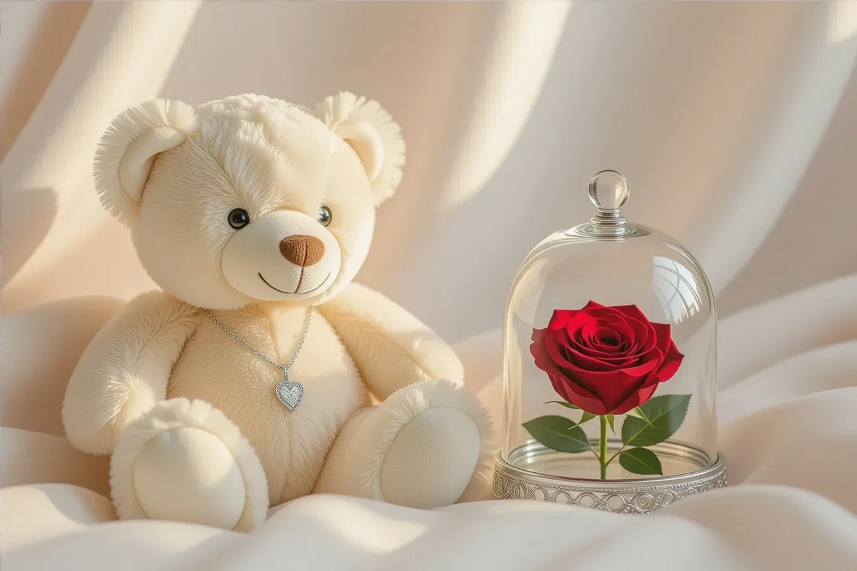Mountova Pro Teddy Bear with hidden necklace and preserved rose romantic gift set