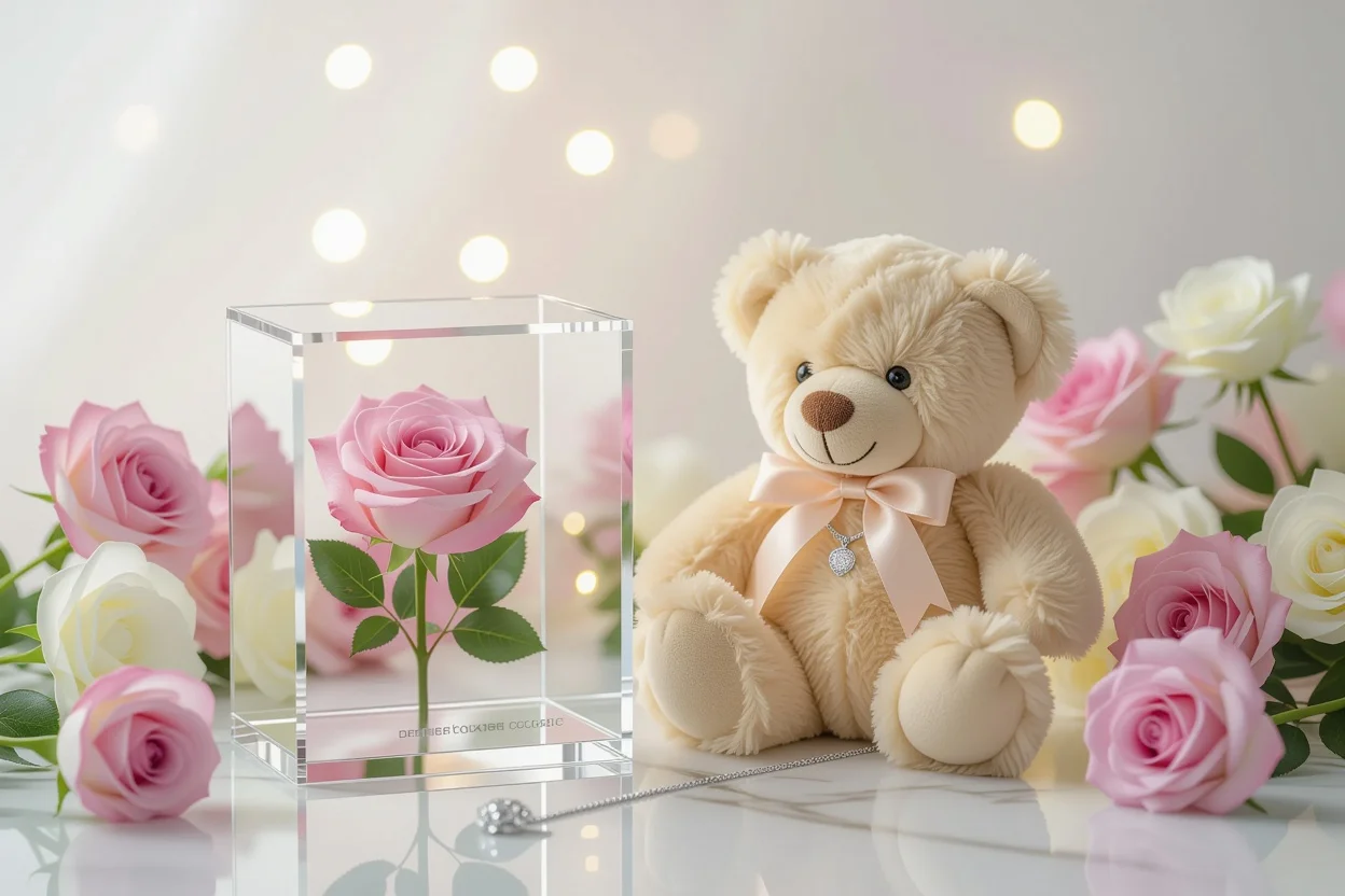 Romantic gift set with teddy bear, preserved rose, and necklace elegant presentation