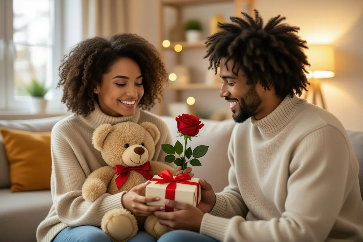 Happy couple sharing romantic teddy bear and preserved rose gift moment
