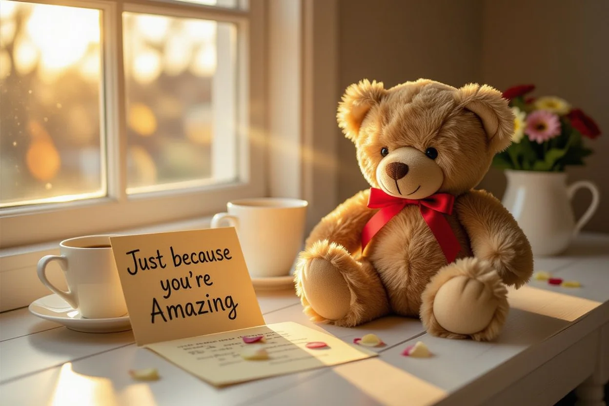 Cute teddy bear surprise gift with handwritten note for everyday romantic gesture