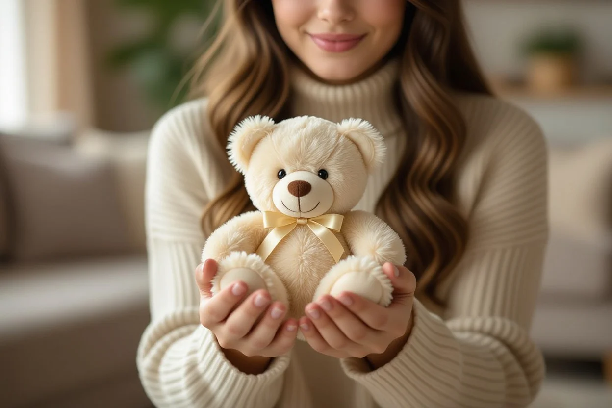Woman receiving surprise teddy bear gift showing joy and emotional connection