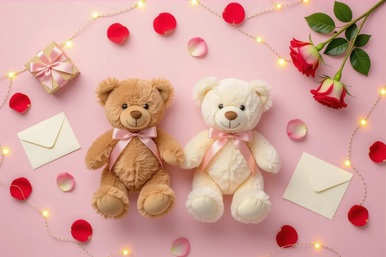 Romantic flat lay with matching teddy bears and rose petals for couples gifts