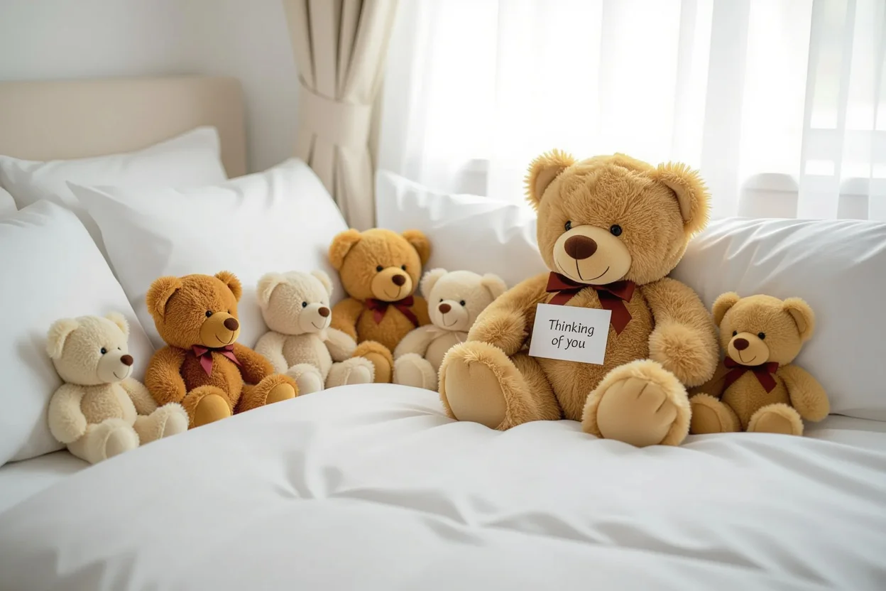 Collection of teddy bears on bed as romantic everyday gifts and relationship keepsakes